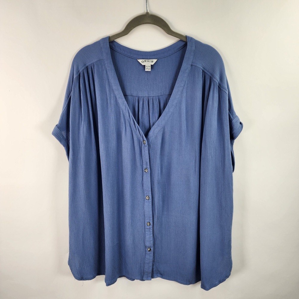 Orvis Button Up Top Women's 2XL Short Sleeve Roll Cuff Lightweight Blue Gauze
